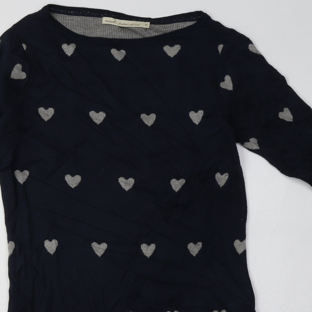 NEXT Womens Blue Geometric Cotton Jumper Dress  Size 10  Boat Neck Pullover - Heart Print