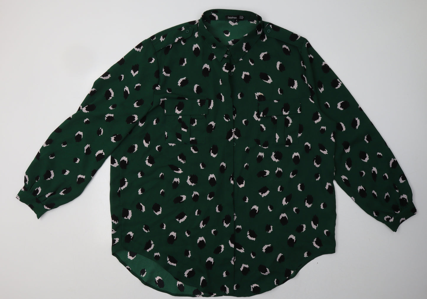 Boohoo Womens Green Animal Print Polyester Basic Button-Up Size 24 Collared