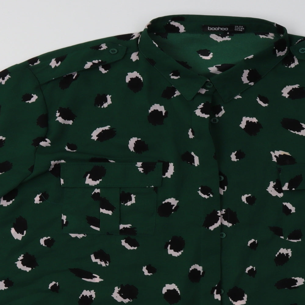 Boohoo Womens Green Animal Print Polyester Basic Button-Up Size 24 Collared