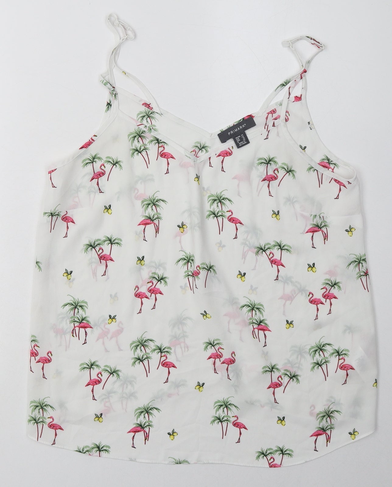 Primark Womens White Geometric Polyester Basic Tank Size 14 V-Neck - Flamingo Print
