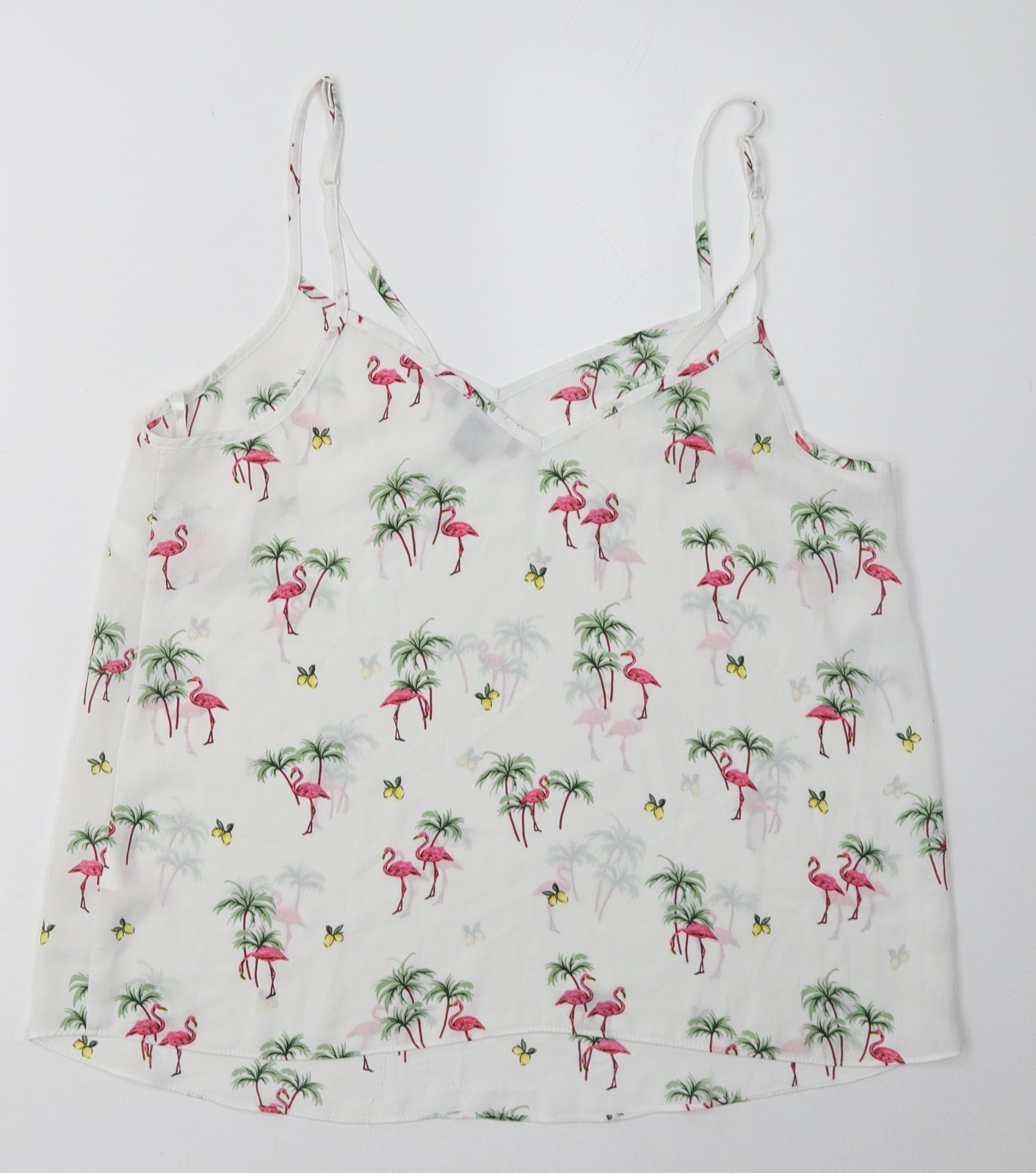 Primark Womens White Geometric Polyester Basic Tank Size 14 V-Neck - Flamingo Print