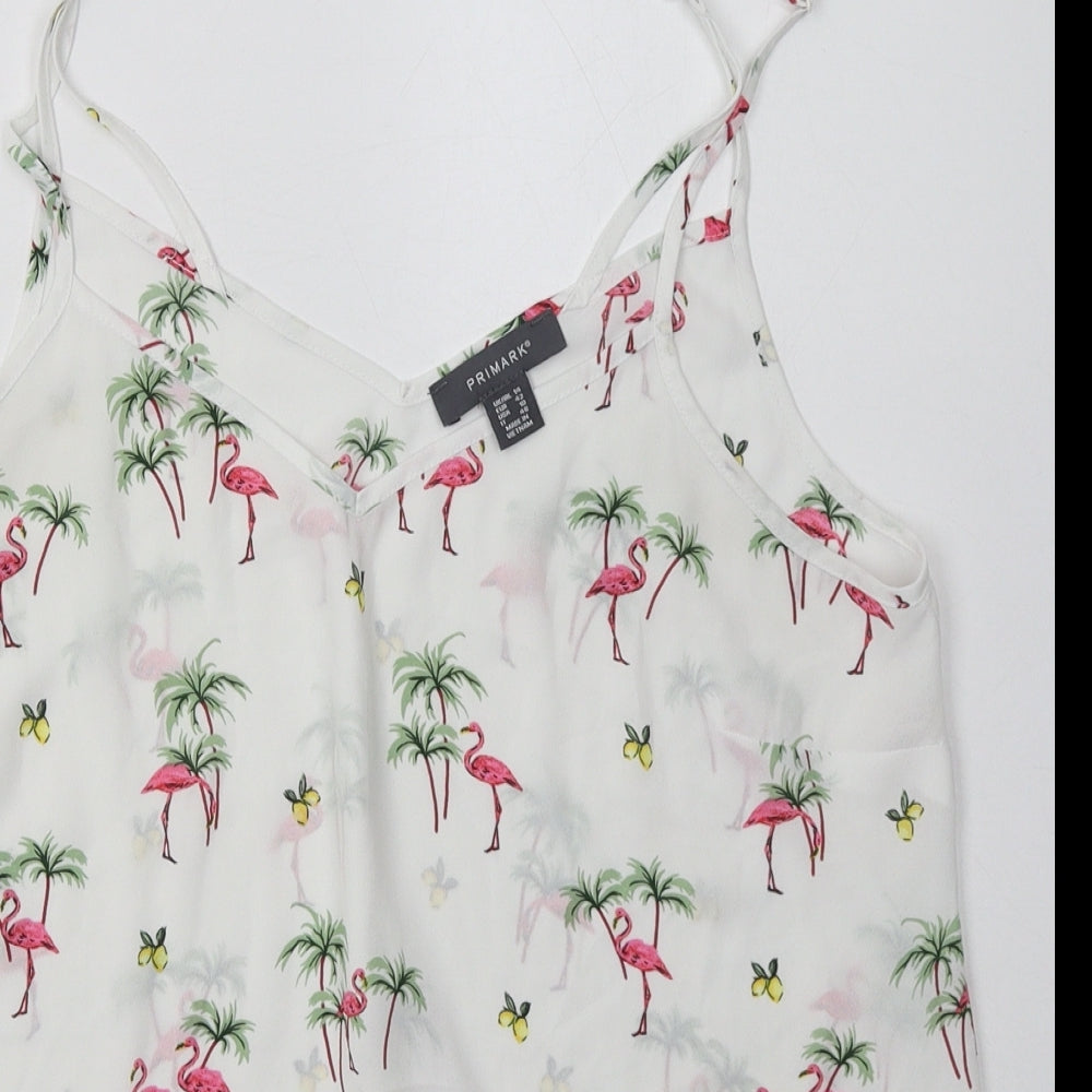 Primark Womens White Geometric Polyester Basic Tank Size 14 V-Neck - Flamingo Print