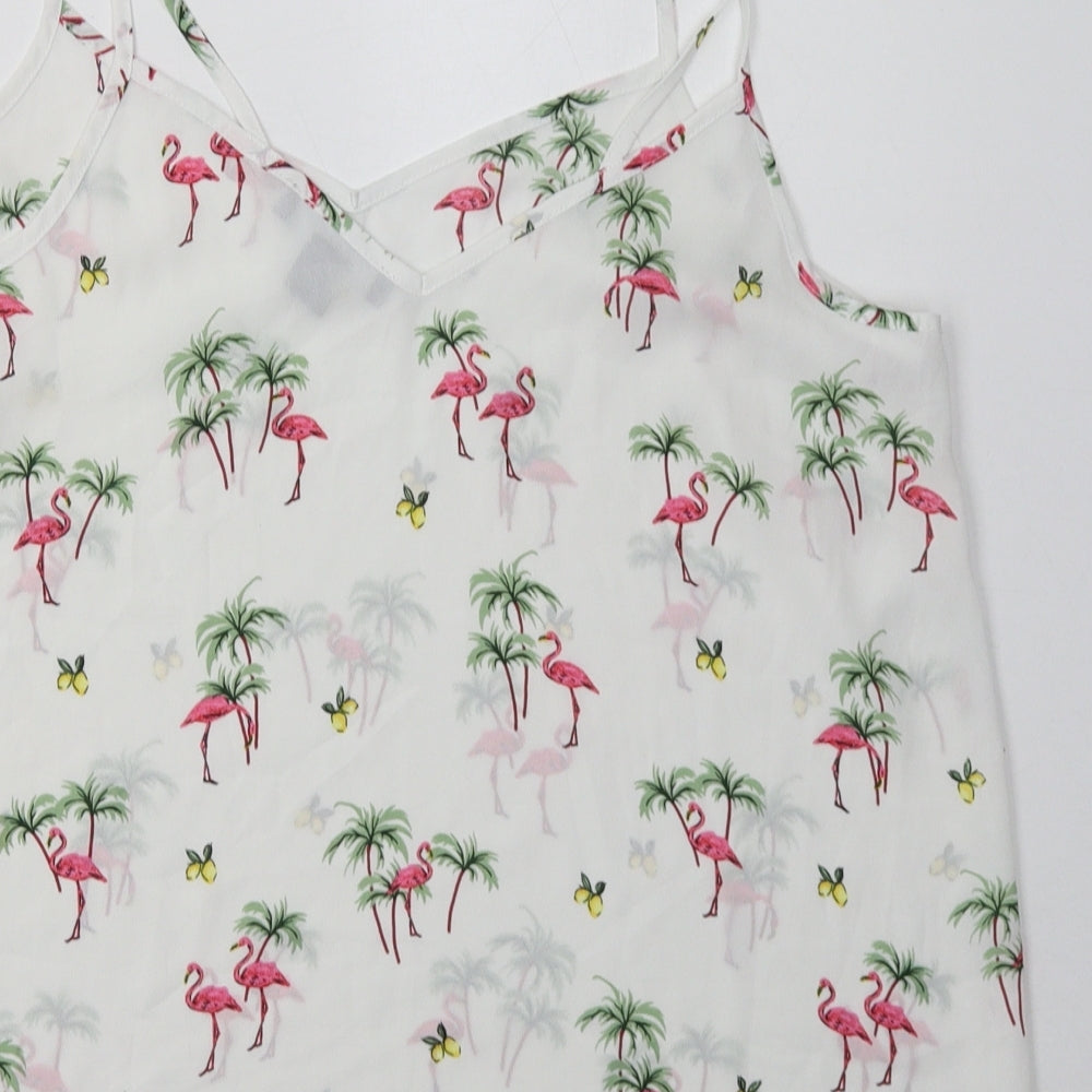 Primark Womens White Geometric Polyester Basic Tank Size 14 V-Neck - Flamingo Print