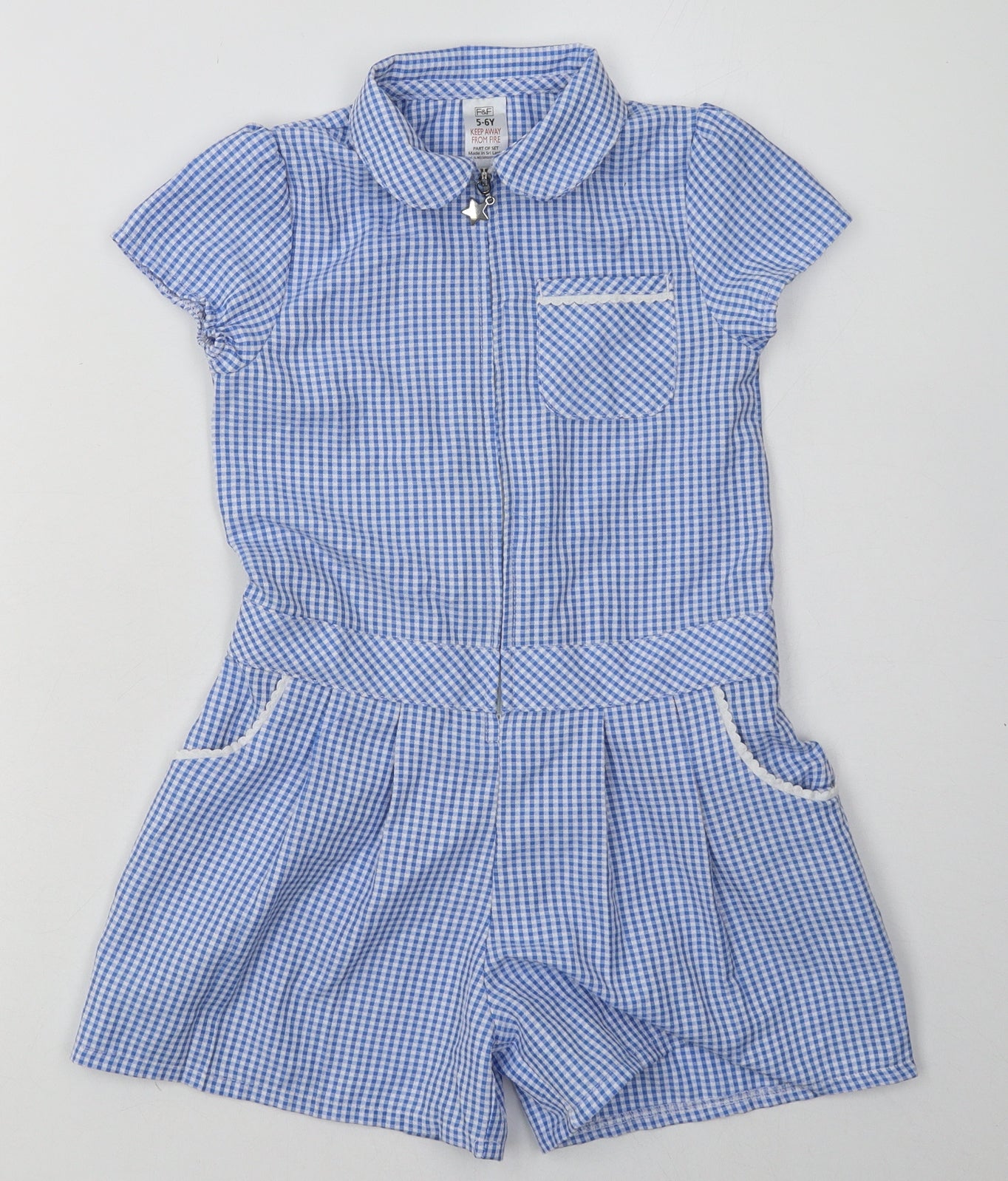 F&F Girls Blue Check Polyester Playsuit One-Piece Size 5-6 Years  Zip - School Wear