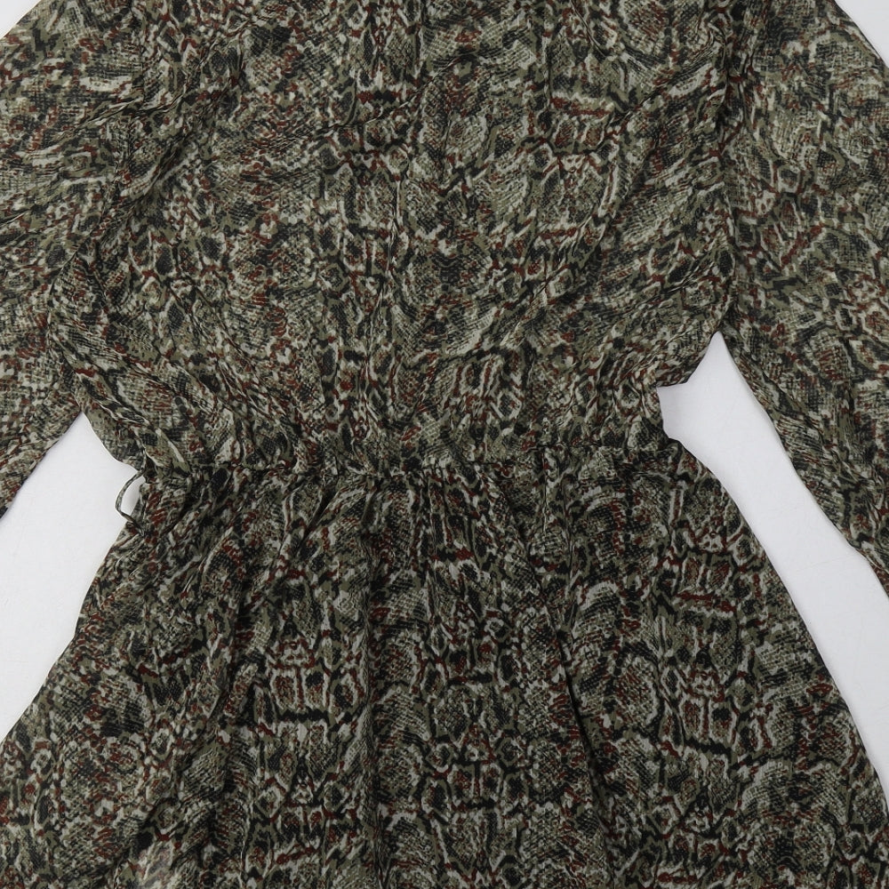 SheIn Womens Green Animal Print Polyester A-Line  Size L  Crew Neck Tie