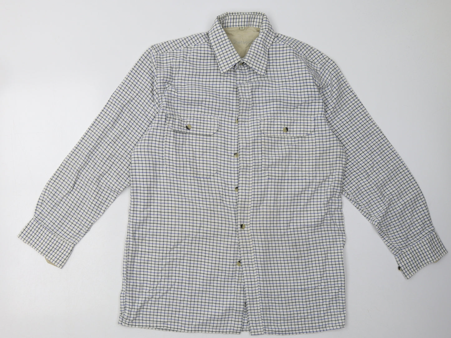 Sherwood Mens Blue Check Cotton  Button-Up Size M Collared Button