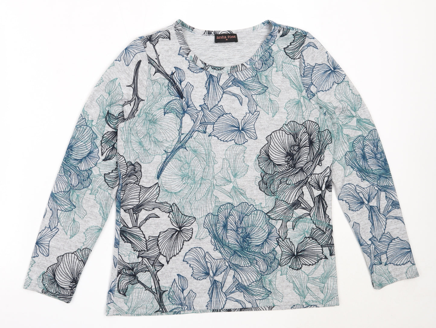 Anna Rose Womens Grey Round Neck Floral Polyester Pullover Jumper Size M