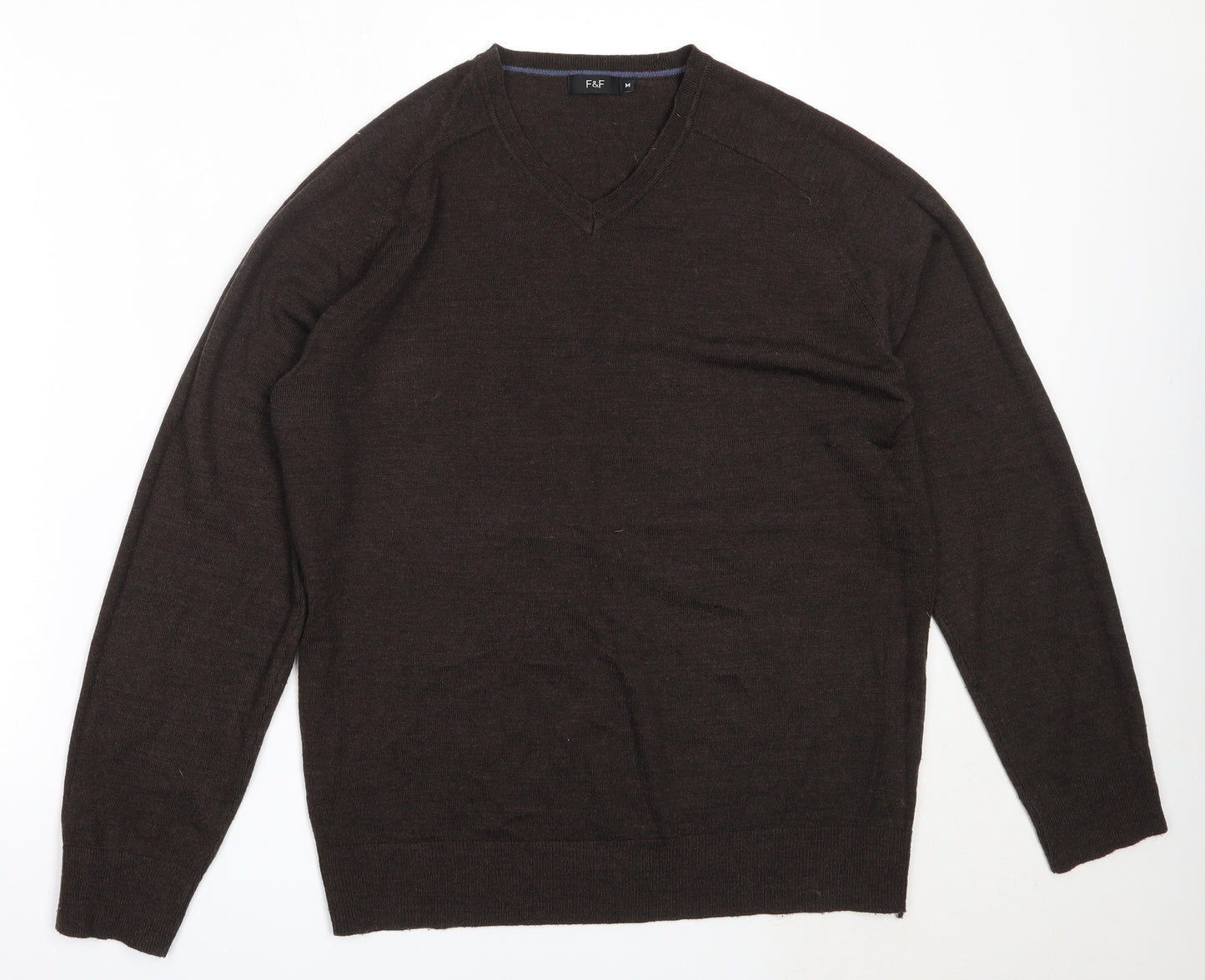 F&F Mens Brown V-Neck  Acrylic Pullover Jumper Size M