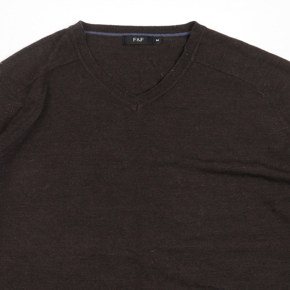 F&F Mens Brown V-Neck  Acrylic Pullover Jumper Size M