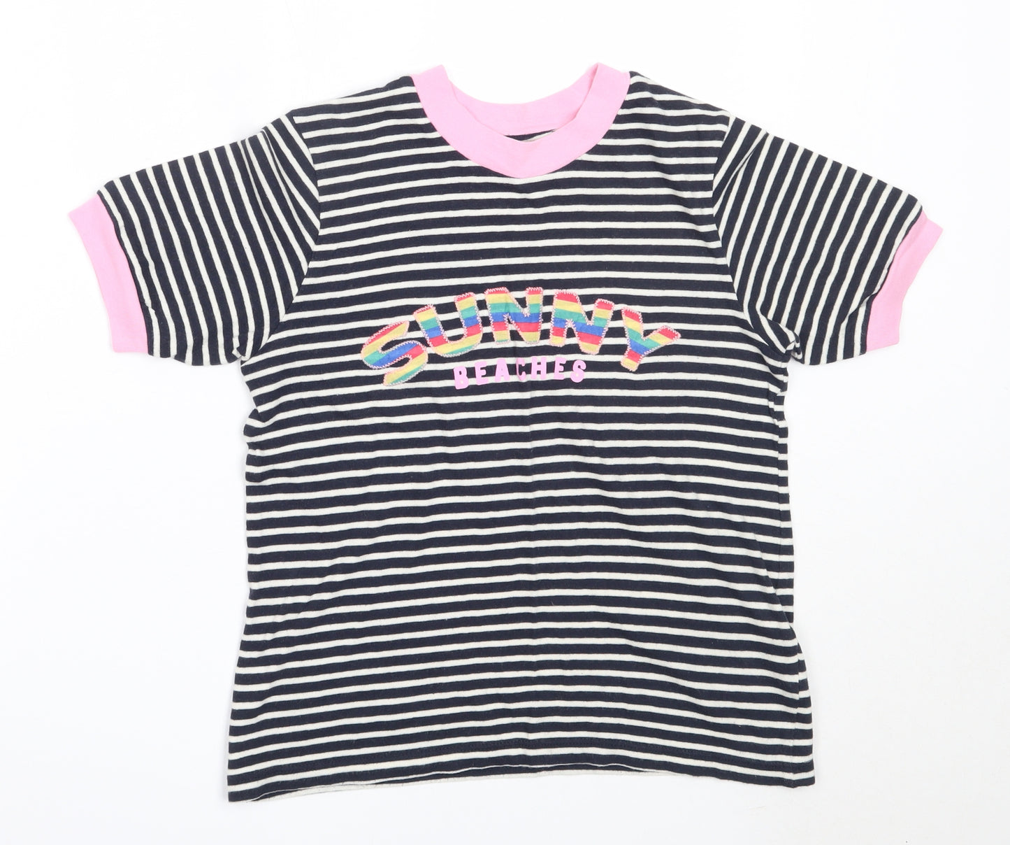 Topshop Womens Blue Striped Cotton Basic T-Shirt Size 8 Round Neck