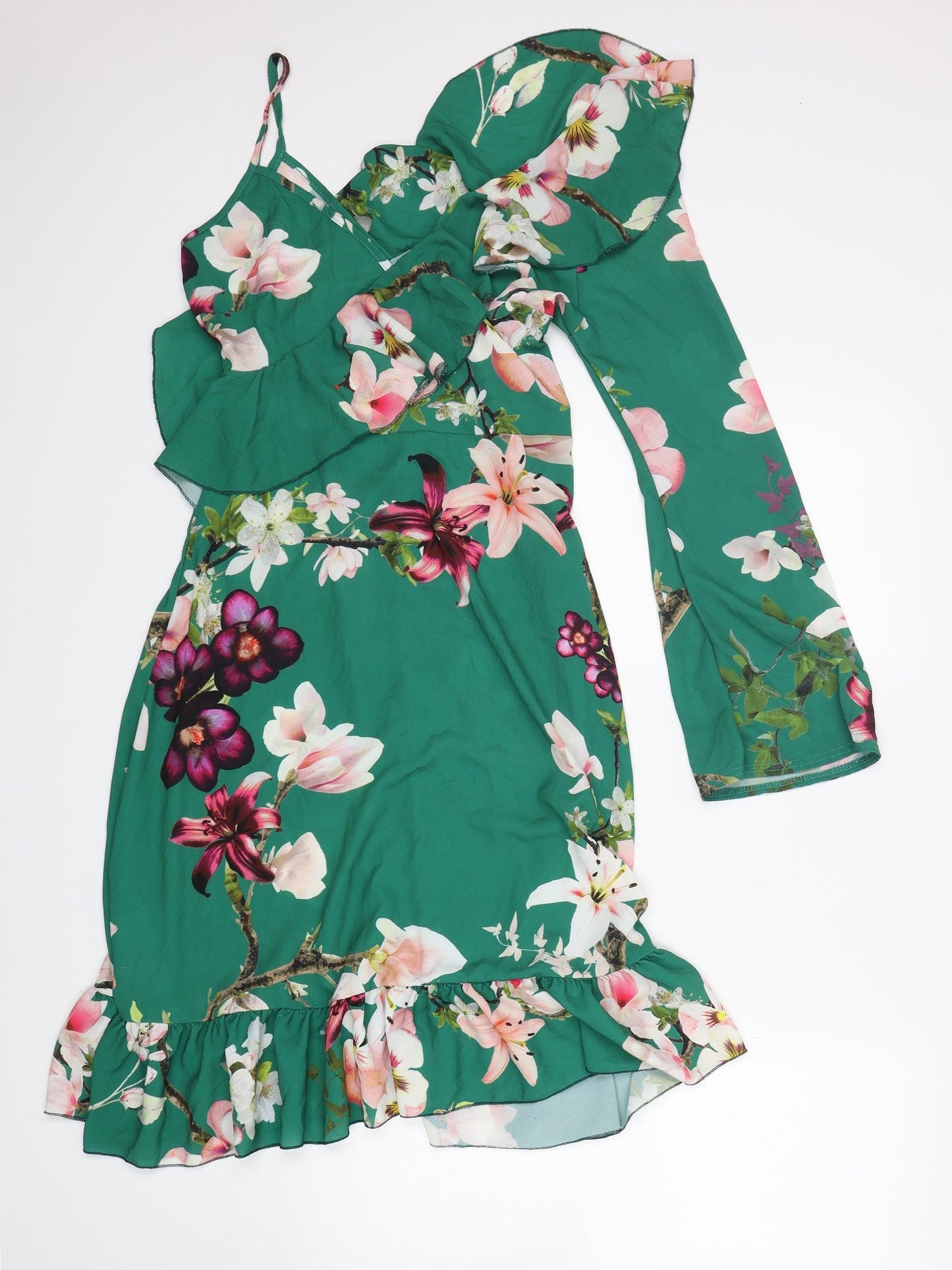 Boohoo Womens Green Floral Polyester A-Line  Size 12  One Shoulder