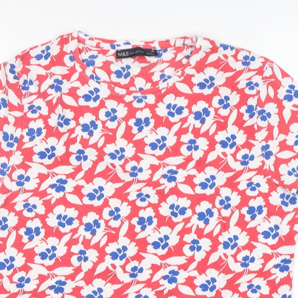 M&S Womens Multicoloured Floral Cotton Basic T-Shirt Size 14 Round Neck