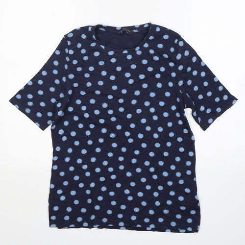 M&S Womens Blue Polka Dot Cotton Basic T-Shirt Size 16 Round Neck
