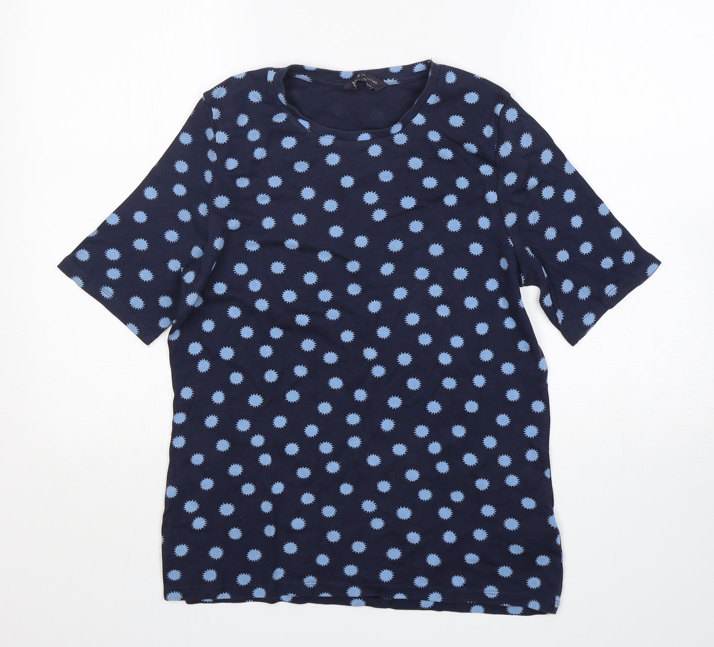 M&S Womens Blue Polka Dot Cotton Basic T-Shirt Size 16 Round Neck