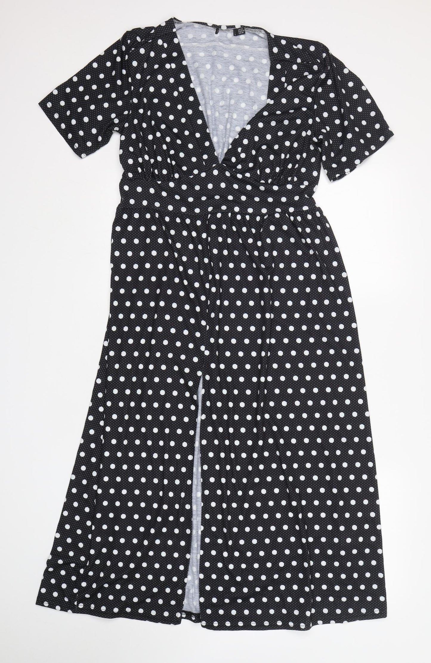 Preworn Womens Black Polka Dot Polyester A-Line  Size 14  V-Neck