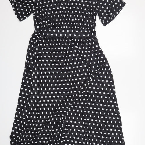 Preworn Womens Black Polka Dot Polyester A-Line  Size 14  V-Neck
