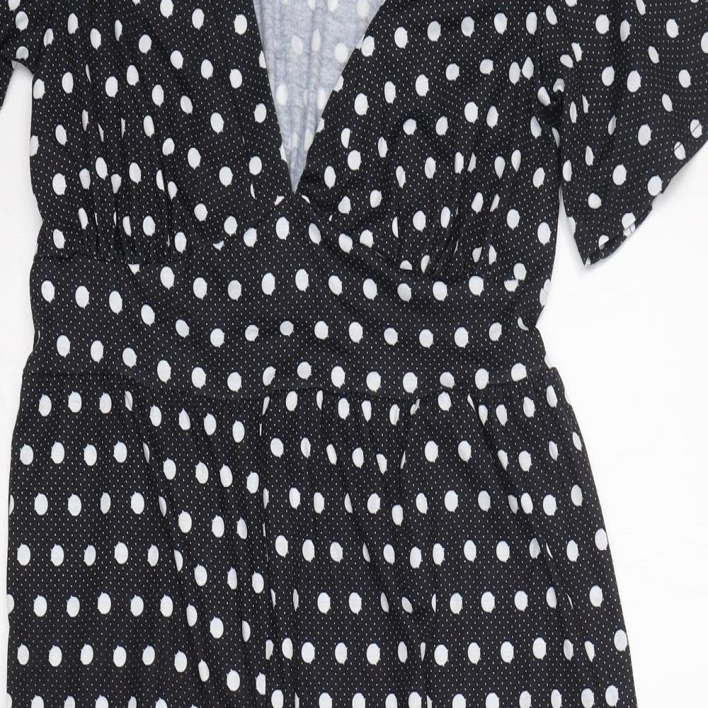 Preworn Womens Black Polka Dot Polyester A-Line  Size 14  V-Neck