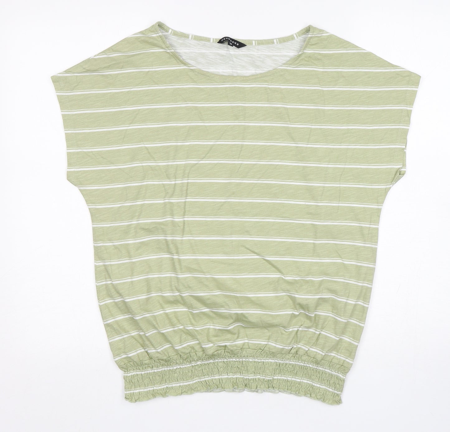 Peacocks Womens Green Striped Cotton Basic T-Shirt Size 12 Round Neck