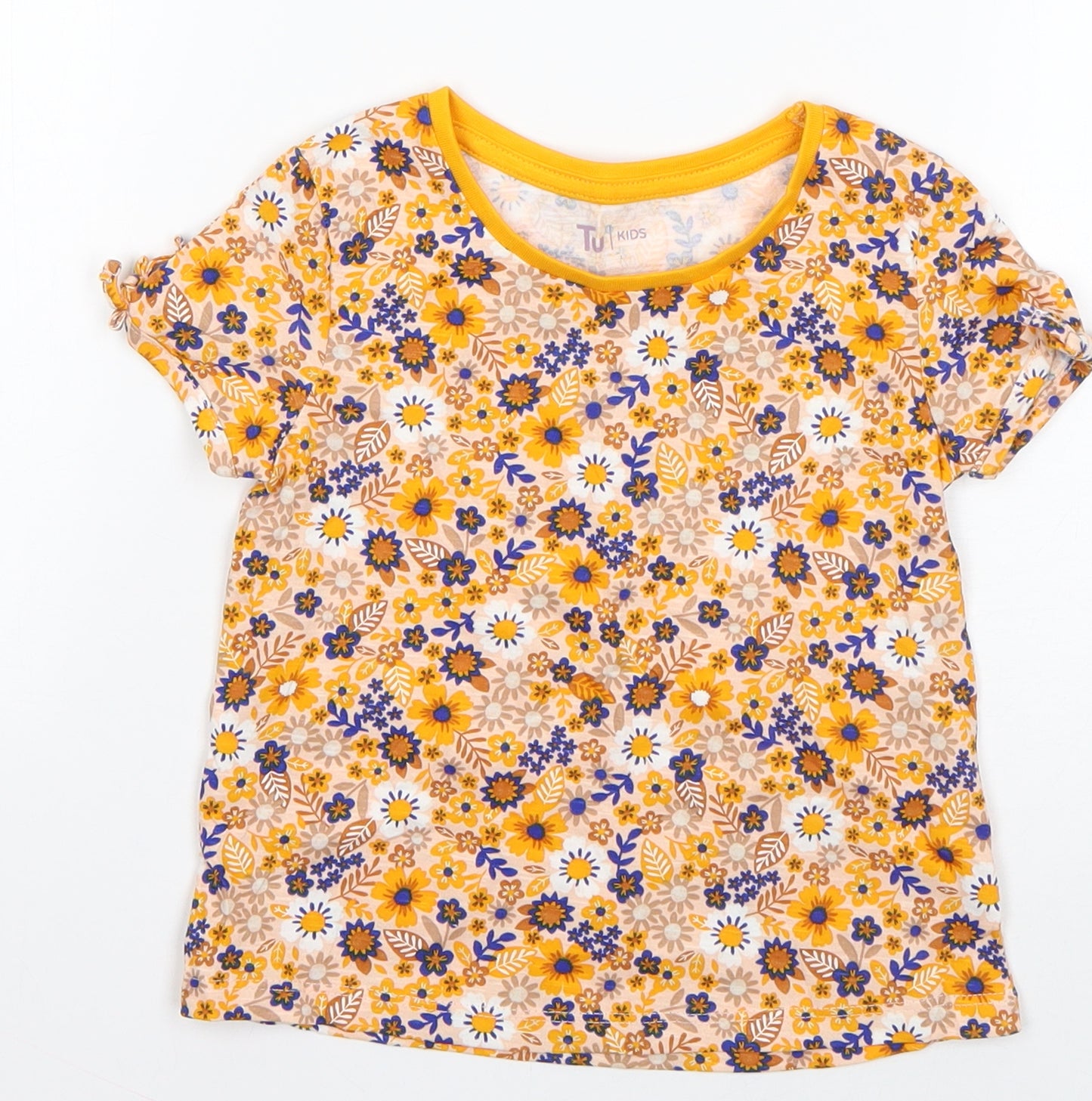TU Girls Yellow Floral Cotton Basic T-Shirt Size 18-24 Months Round Neck Pullover