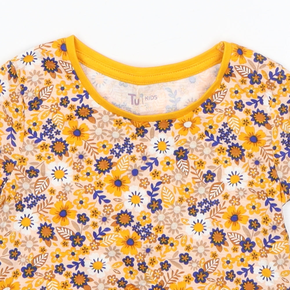 TU Girls Yellow Floral Cotton Basic T-Shirt Size 18-24 Months Round Neck Pullover