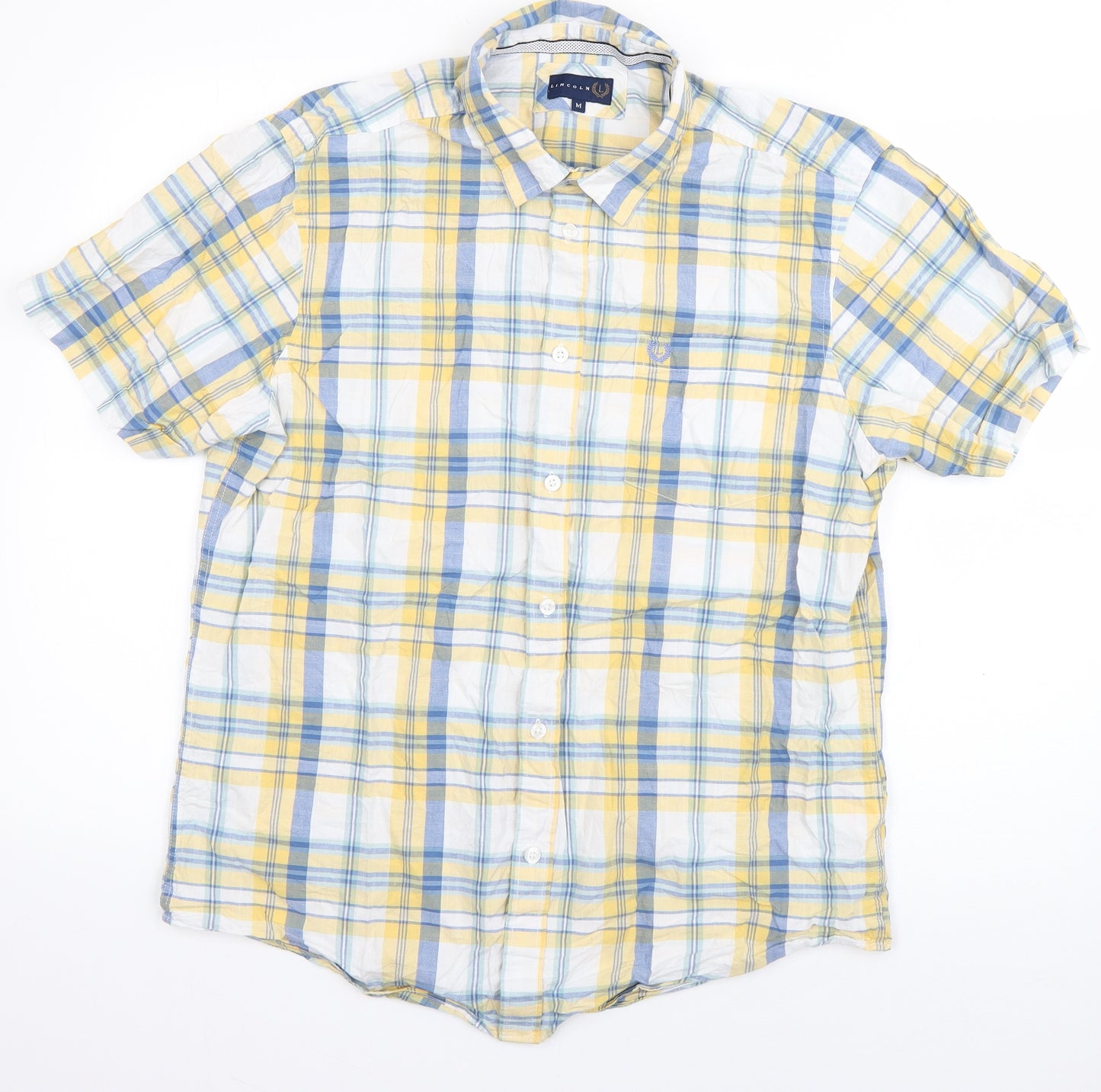 Lincoln Mens Yellow Plaid Cotton  Button-Up Size M Collared Button