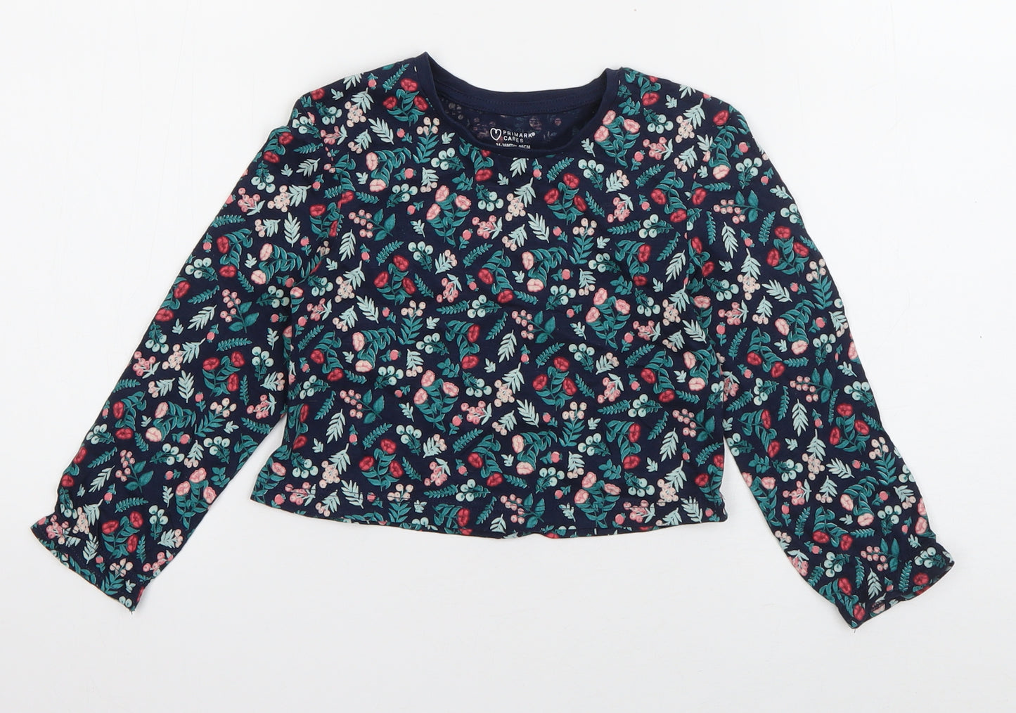 Primark Girls Blue Floral Cotton Basic T-Shirt Size 2-3 Years Round Neck Pullover