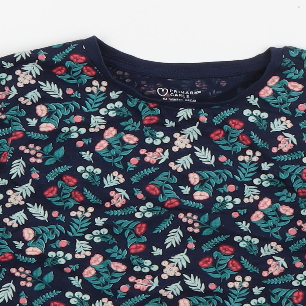 Primark Girls Blue Floral Cotton Basic T-Shirt Size 2-3 Years Round Neck Pullover
