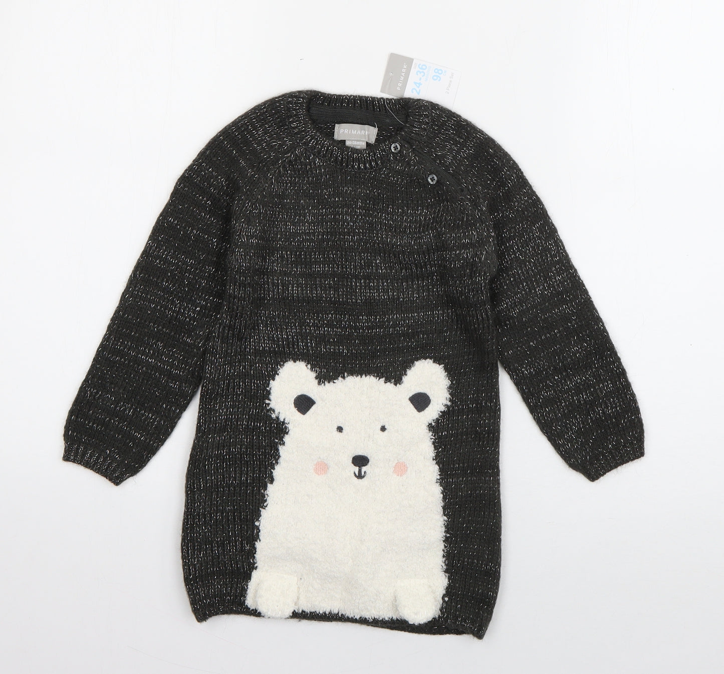 Primark Girls Grey  Acrylic Jumper Dress  Size 2-3 Years  Round Neck Pullover - Polar Bear