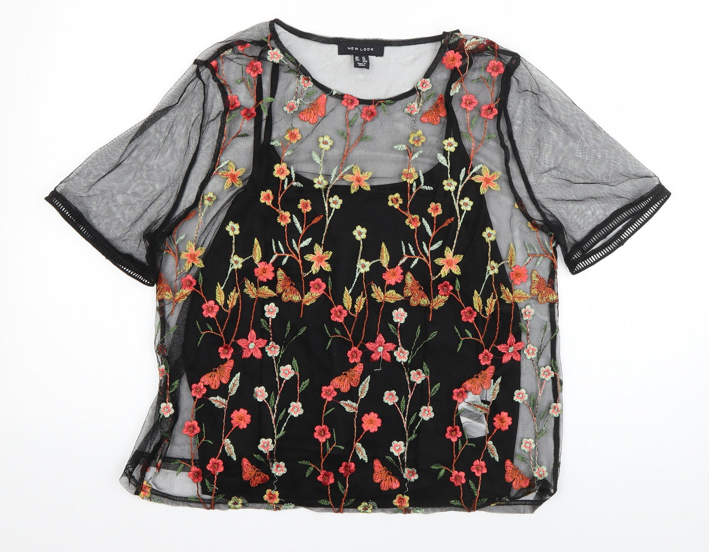New Look Womens Black Floral Polyamide Basic T-Shirt Size 14 Roll Neck