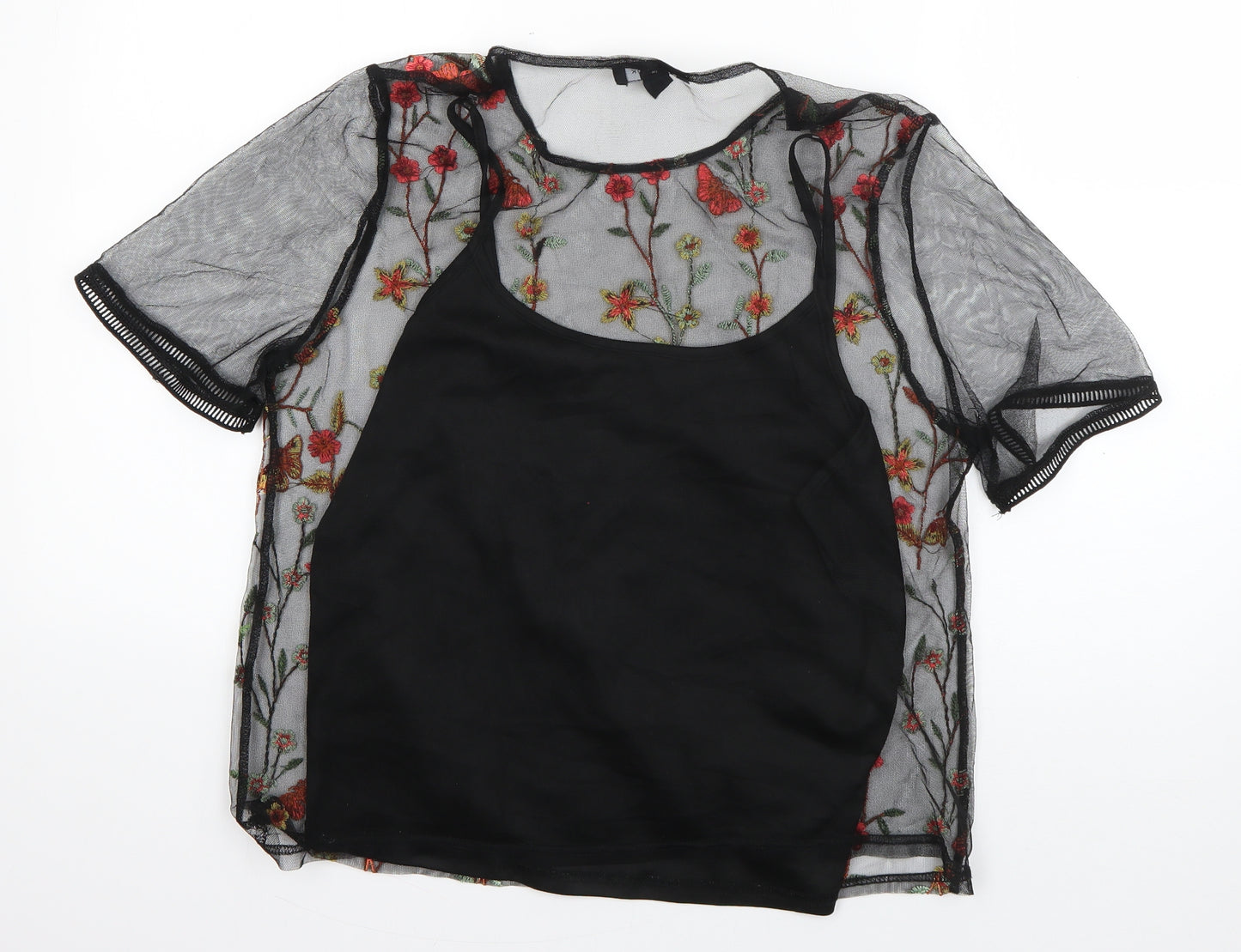 New Look Womens Black Floral Polyamide Basic T-Shirt Size 14 Roll Neck