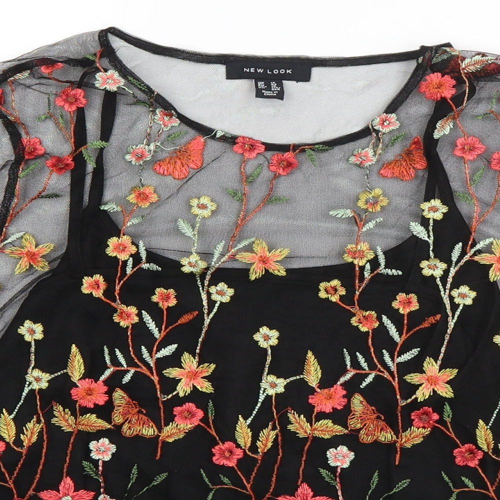 New Look Womens Black Floral Polyamide Basic T-Shirt Size 14 Roll Neck
