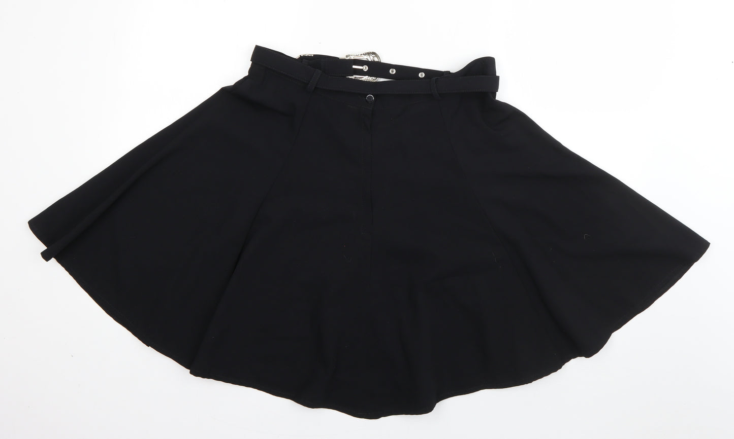 Preworn Womens Black  Polyester Flare Skirt Size 14   Zip - Belted