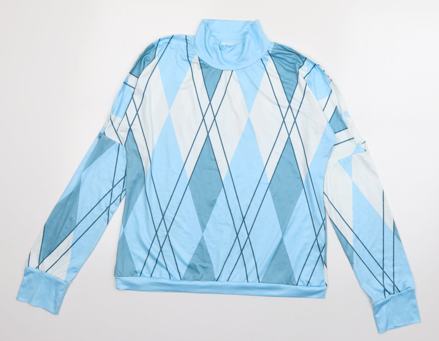 Preworn Womens Blue Striped Polyester Basic T-Shirt Size M Roll Neck - cut out shoulders