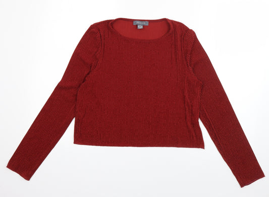 Front view of Primark women’s red striped polyester basic t-shirt, size UK 12, boat neck
