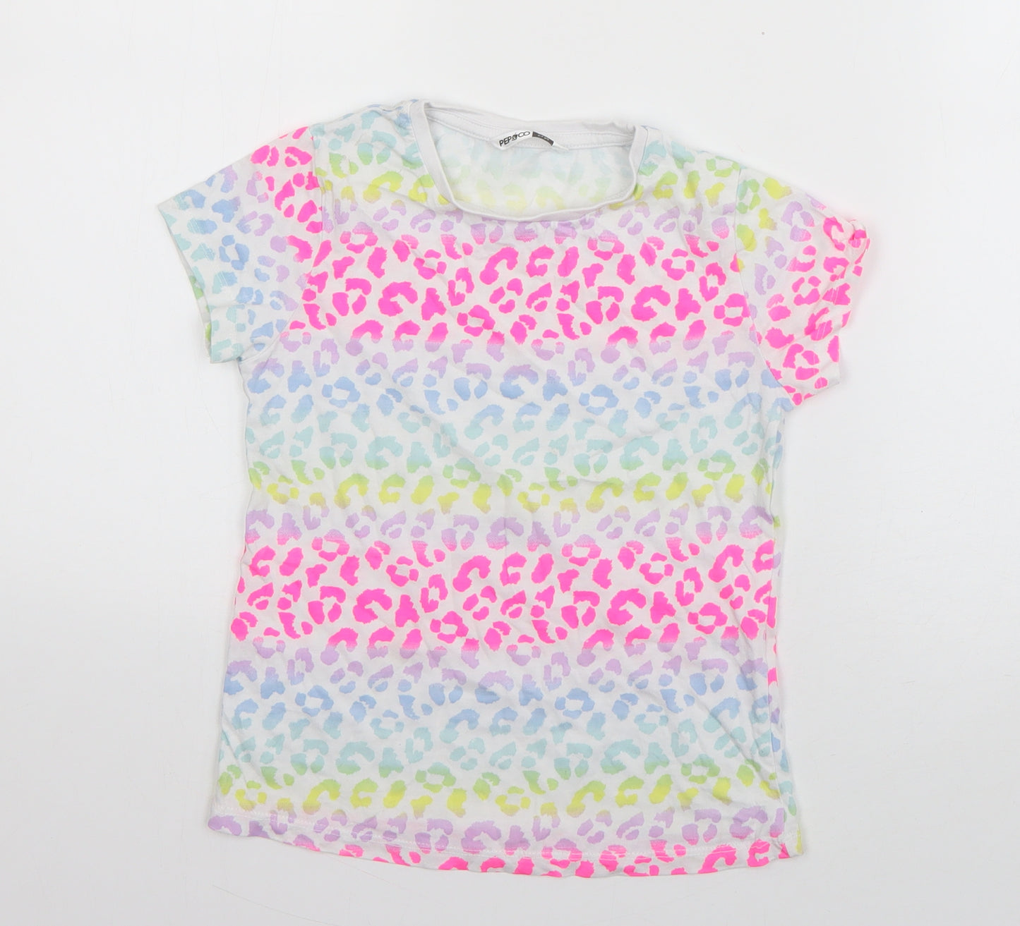PEP & CO Girls Multicoloured Animal Print Cotton Basic T-Shirt Size 6-7 Years Round Neck Pullover