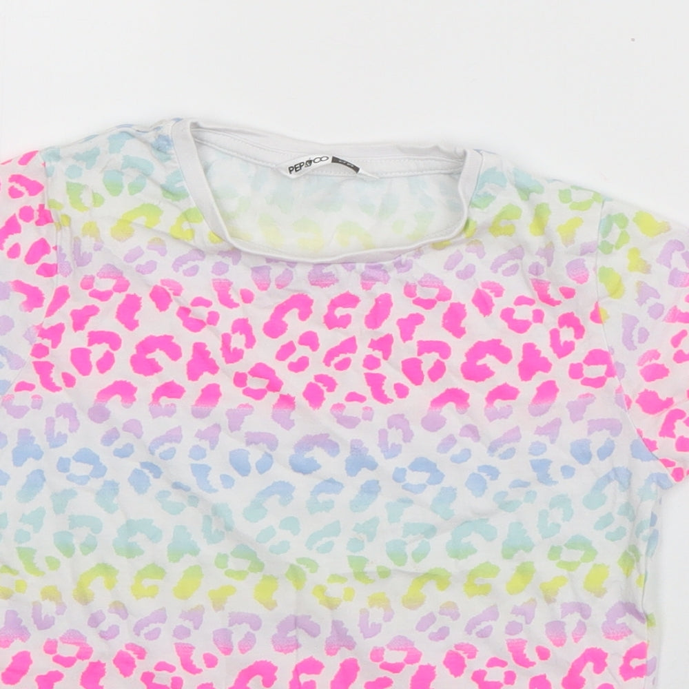 PEP & CO Girls Multicoloured Animal Print Cotton Basic T-Shirt Size 6-7 Years Round Neck Pullover
