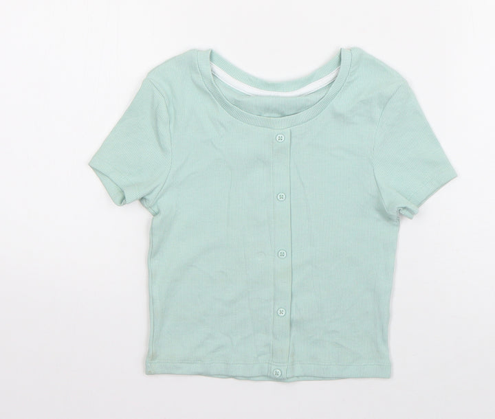 George Girls Green Cotton Basic T-Shirt Size 6-7 Years Round Neck Pullover