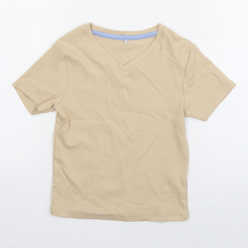 George Boys Beige  Cotton Basic T-Shirt Size 7-8 Years V-Neck Pullover