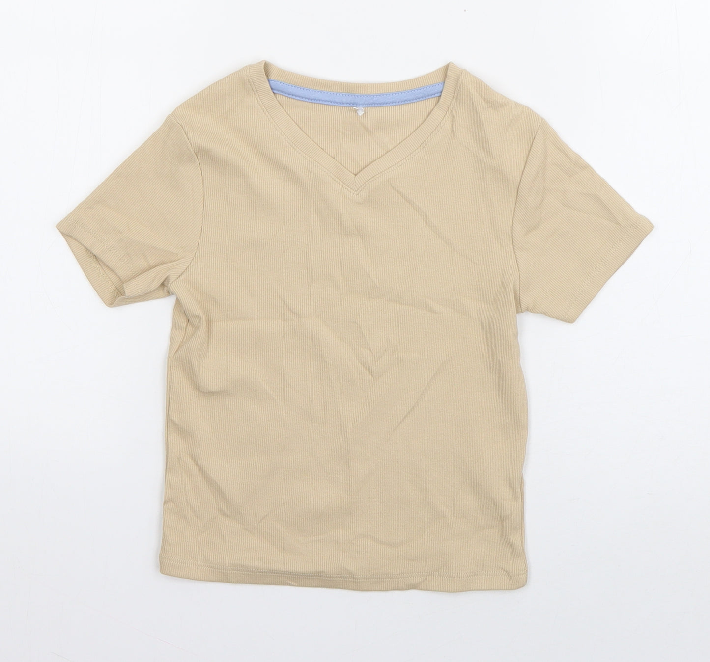 George Boys Beige  Cotton Basic T-Shirt Size 7-8 Years V-Neck Pullover