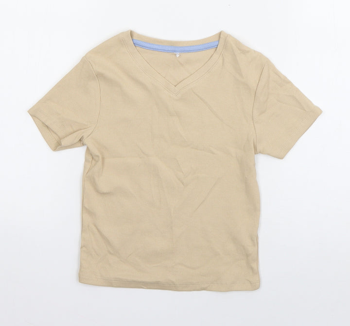 George Boys Beige  Cotton Basic T-Shirt Size 7-8 Years V-Neck Pullover