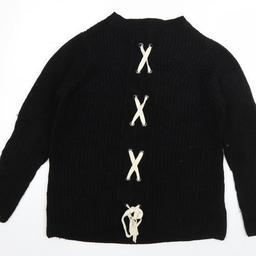 Papaya Womens Black Crew Neck  Acrylic Pullover Jumper Size S   - Lace up detail