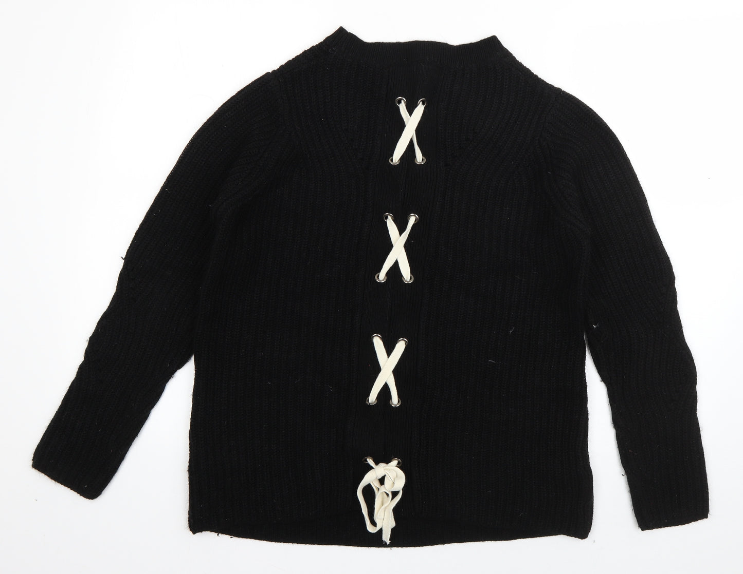Papaya Womens Black Crew Neck  Acrylic Pullover Jumper Size S   - Lace up detail