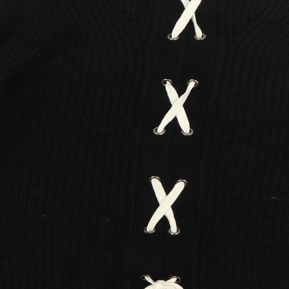 Papaya Womens Black Crew Neck  Acrylic Pullover Jumper Size S   - Lace up detail