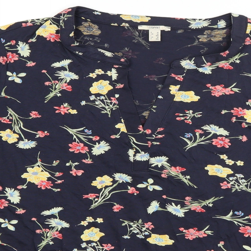 Esprit Womens Blue Floral Viscose Basic Blouse Size XL V-Neck