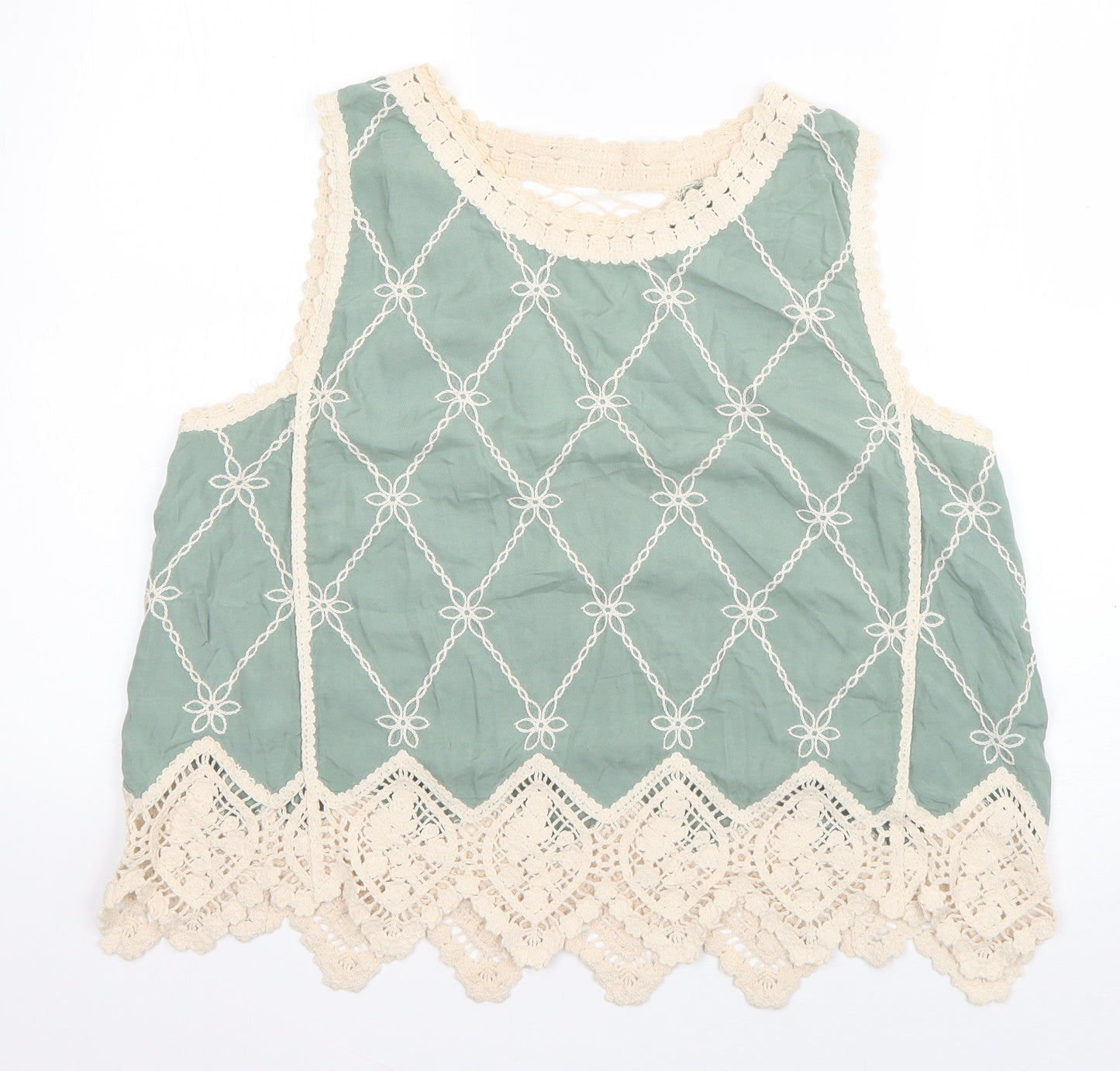 New Look Womens Green  Viscose Basic Blouse Size L Boat Neck - crochet detail