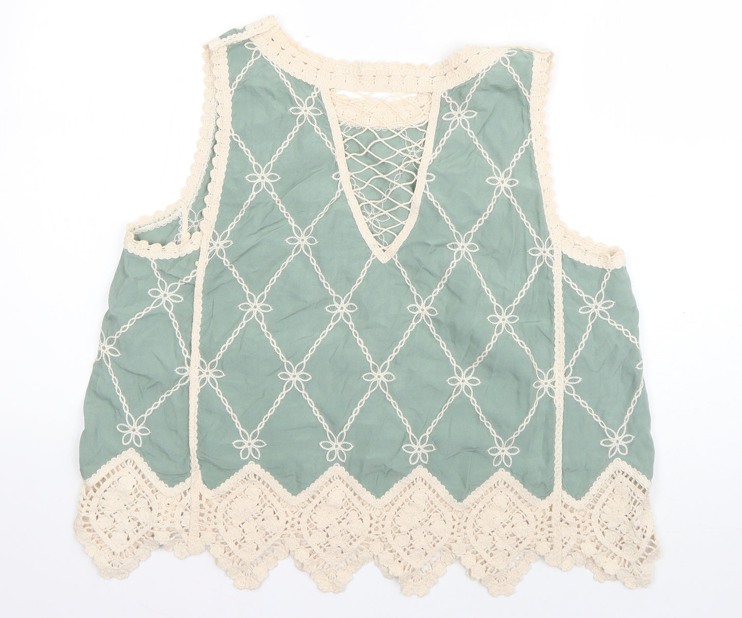 New Look Womens Green  Viscose Basic Blouse Size L Boat Neck - crochet detail
