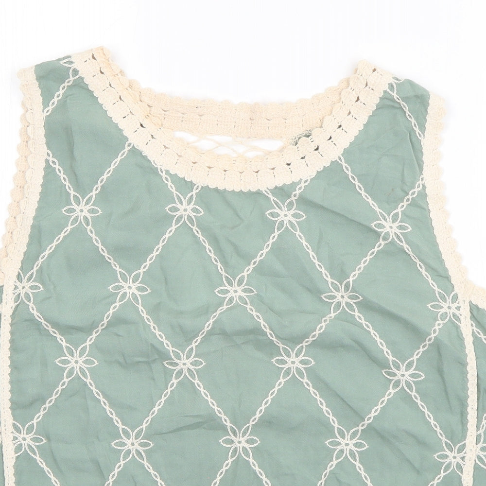 New Look Womens Green  Viscose Basic Blouse Size L Boat Neck - crochet detail