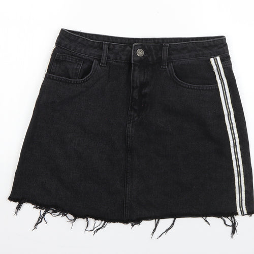 Denim & Co. Womens Black Striped Cotton A-Line Skirt Size 12   Button