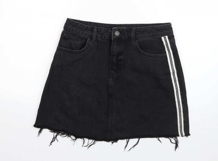 Denim & Co. Womens Black Striped Cotton A-Line Skirt Size 12 Button