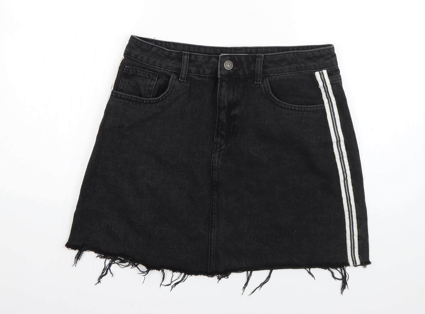 Denim & Co. Womens Black Striped Cotton A-Line Skirt Size 12   Button